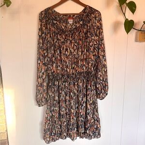 Scully Long Sleeve Feather-Print Smocked Waist Dress - Navy, Rust, Cream